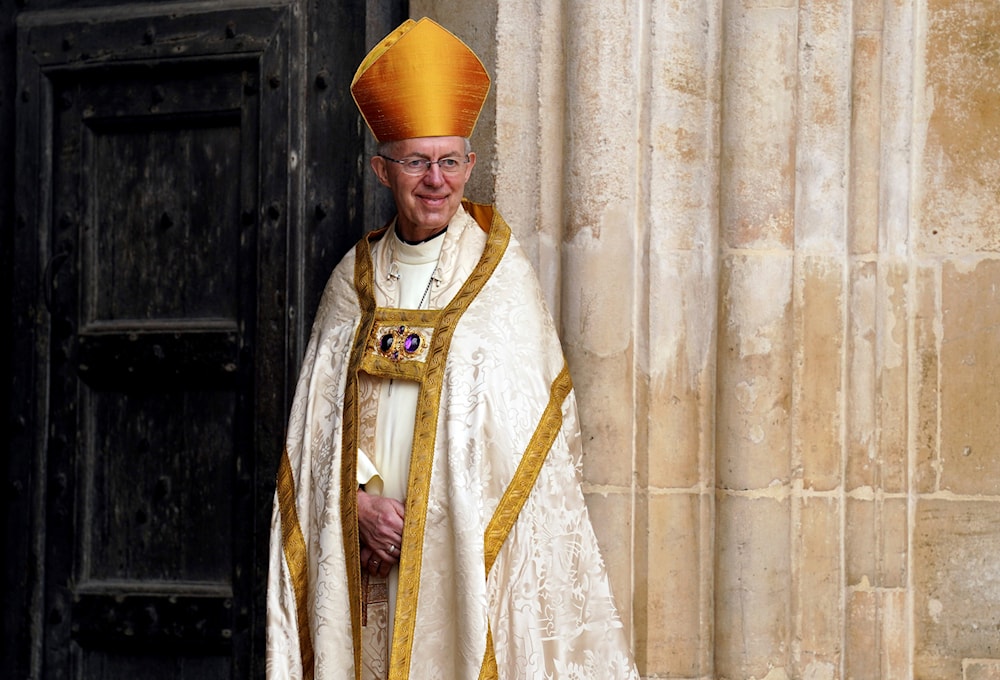 Archbishop of Canterbury Justin Welby stands at Westminster Abbey ahead of the coronation of King Charles III and Camilla, the Queen Consort, in London, Saturday, May 6, 2023. (AP)