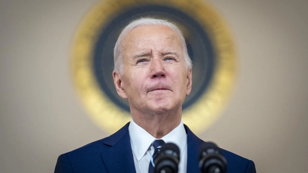 President Joe Biden, accompanied by Jordan's King Abdullah II, pauses while speaking in the Cross Hall of the White House in Washington on February 12, 2024. (AP)