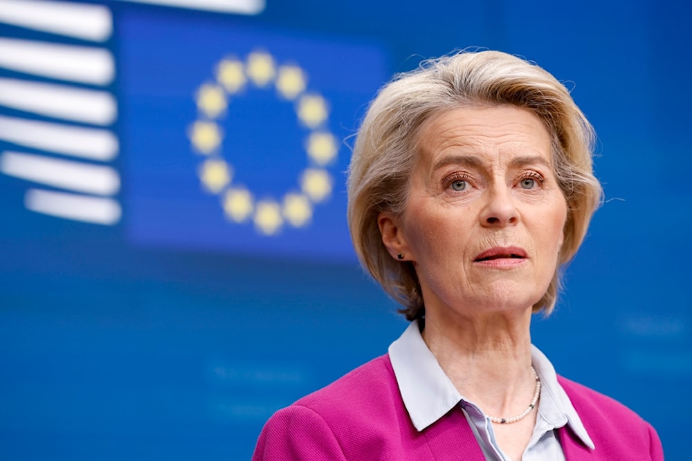 European Commission President Ursula von der Leyen talks to journalists during a joint news conference with European Council President Charles Michel during an EU summit in Brussels, Feb. 1, 2024. 