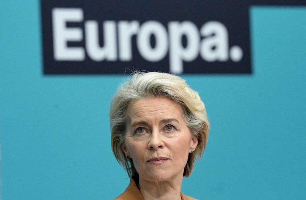 Ursula von der Leyen, President of the European Commission, listens to the media during a press conference in Berlin, Germany, Monday, Feb. 19, 2024. (AP)