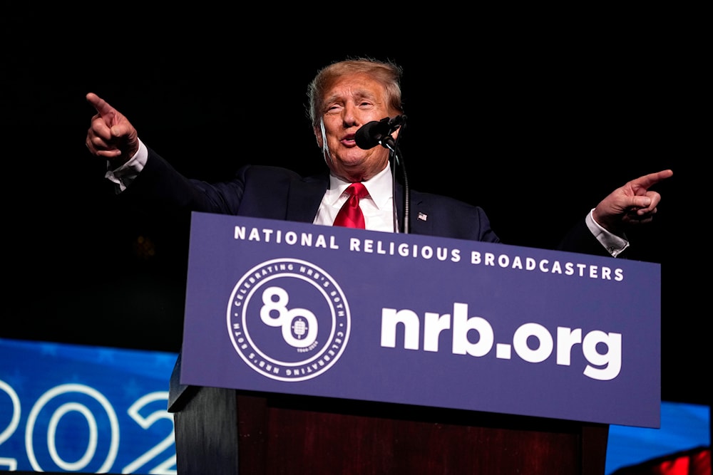 former President Donald Trump speaks at the National Religious Broadcasters convention at the Gaylord Opryland Resort and Convention Center Thursday, Feb. 22, 2024, in Nashville, Tenn. (AP)