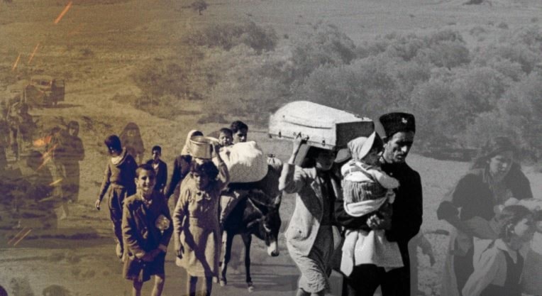 A picture shows forced displaced Palestinians during 1948 Nakba (Illustrated by Al Mayadeen English)