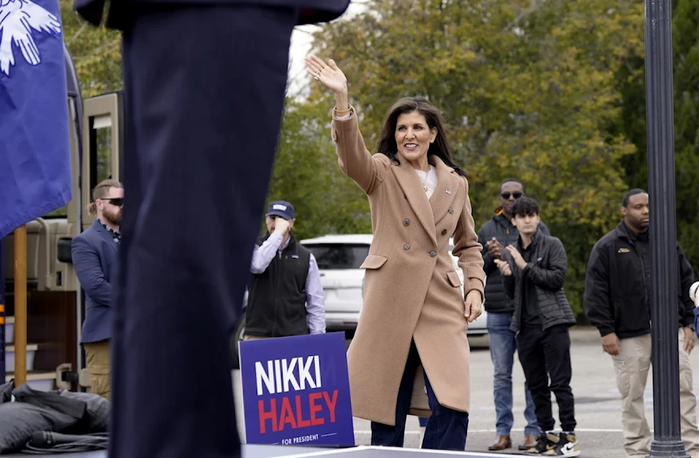 Republican presidential candidate former UN Ambassador Nikki Haley walks at stafe at a campaign event in Camden on February 19, 2024. (AP)