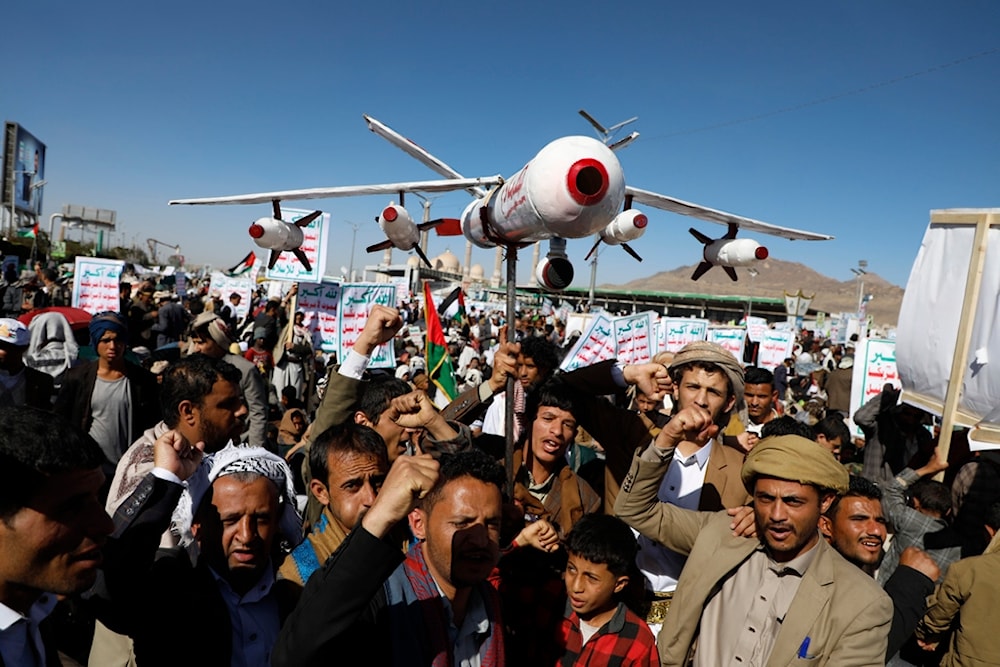 Yemenis attend a rally against the U.S.-led strikes on Yemen and Israeli war on Gaza Strip, in Sanaa, Yemen, Friday, Feb. 23, 2024 (AP Photo/Osamah Abdulrahman)