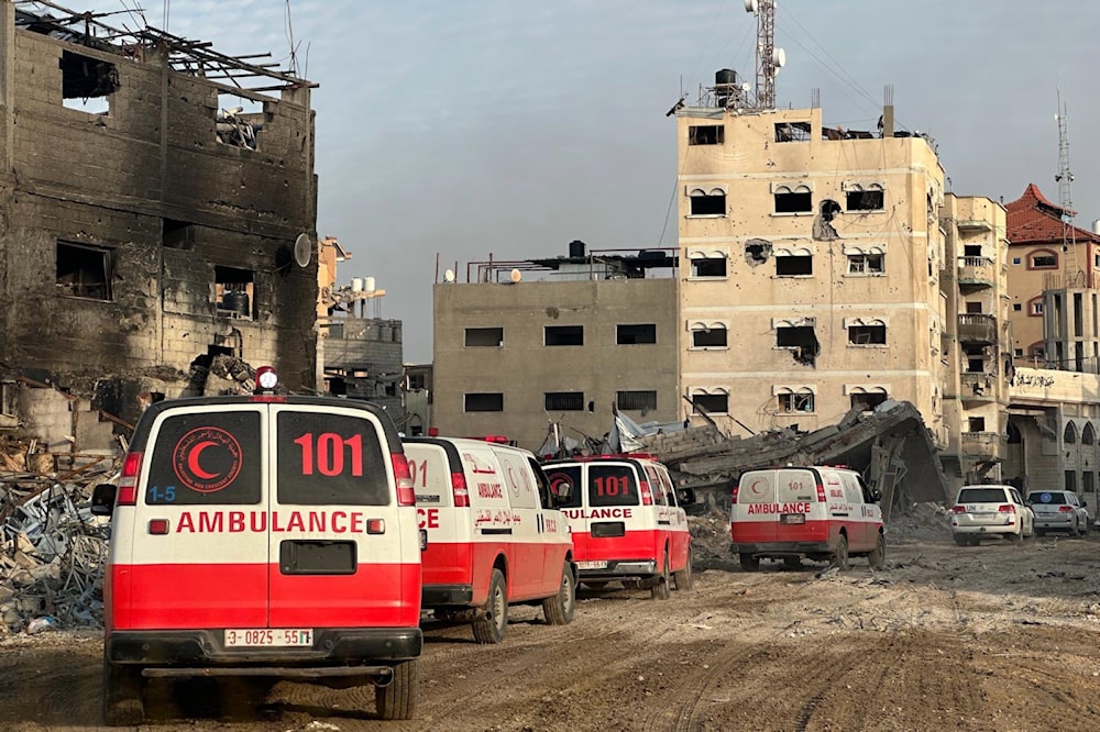 A convoy of Palestinian Red Crescent Society (PRCS) ambulances is seen evacuating the injured in the Gaza Strip. (@PalestineRCS)