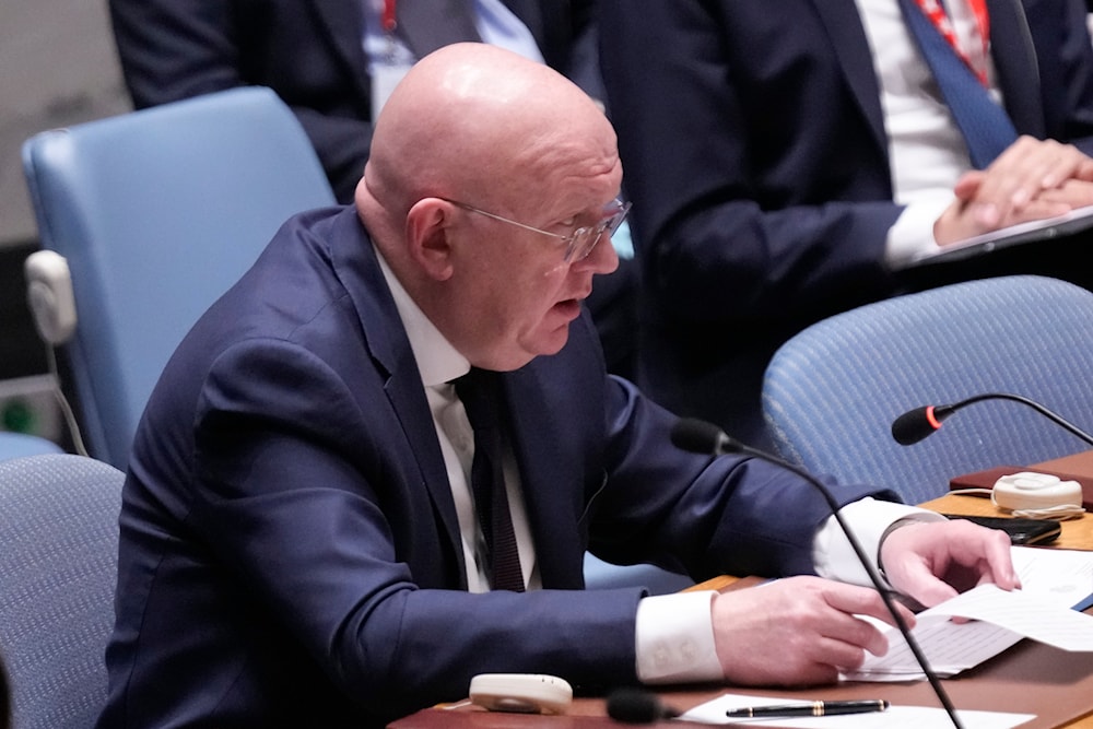 Russian ambassador Vassily Nebenzia speaks during a Security Council meeting at United Nations headquarters, on May 30, 2023. (AP)