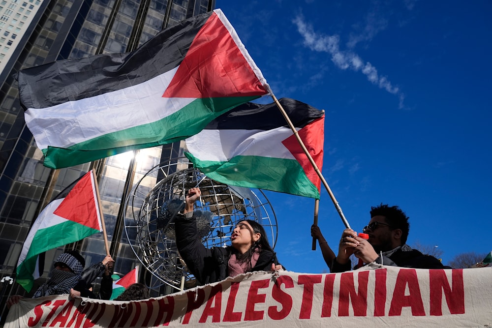 Pro-Palestinian protestors gather near Columbus Circle Wednesday, Feb. 7, 2024, in New York. (AP)