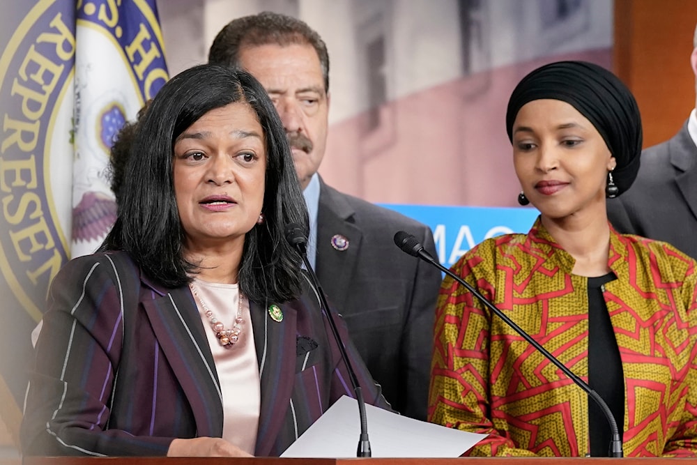 Congressional Progressive Caucus Chair Rep. Pramila Jayapal, D-Wash., left, speaks about the threat of default as Rep. Ilhan Omar, D-Minn. during a news conference, May 24, 2023, in Washington. (AP)