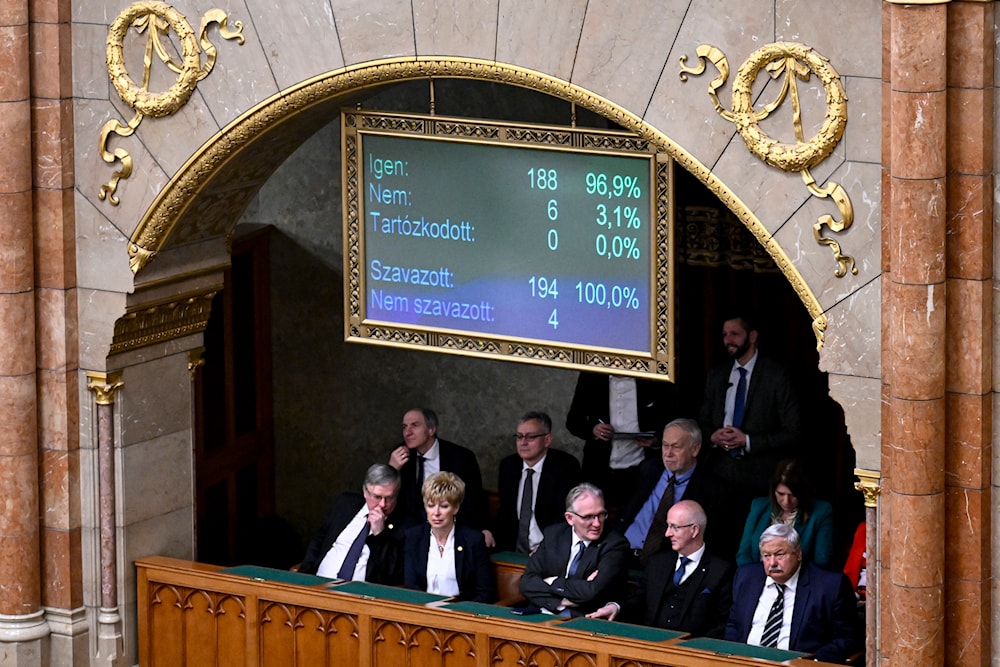 A display shows results during a vote by lawmakers which is expected to approve Sweden's accession into NATO, in Budapest, Hungary, Monday, Feb 26, 2024. (AP)