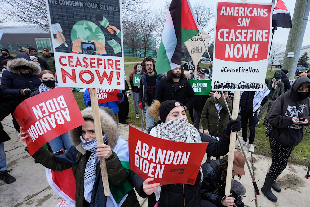Pro-Palestinian demonstrators march during a visit by President Joe Biden in Warren, Mich., on February 1, 2024. (AP)