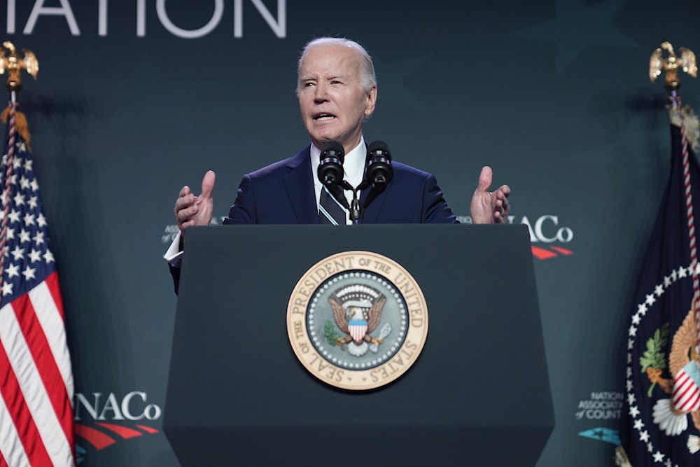 President Joe Biden delivers remarks to the National Association of Counties Legislative Conference, on February 12, 2024, in Washington. (AP)