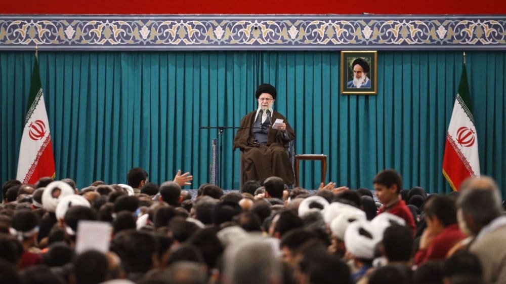 Iranian leader Sayyed Ali Khamenei speaks at a meeting with a group of first-time voters and families of martyrs in the capital Tehran on February 28, 2024. (leader.ir)