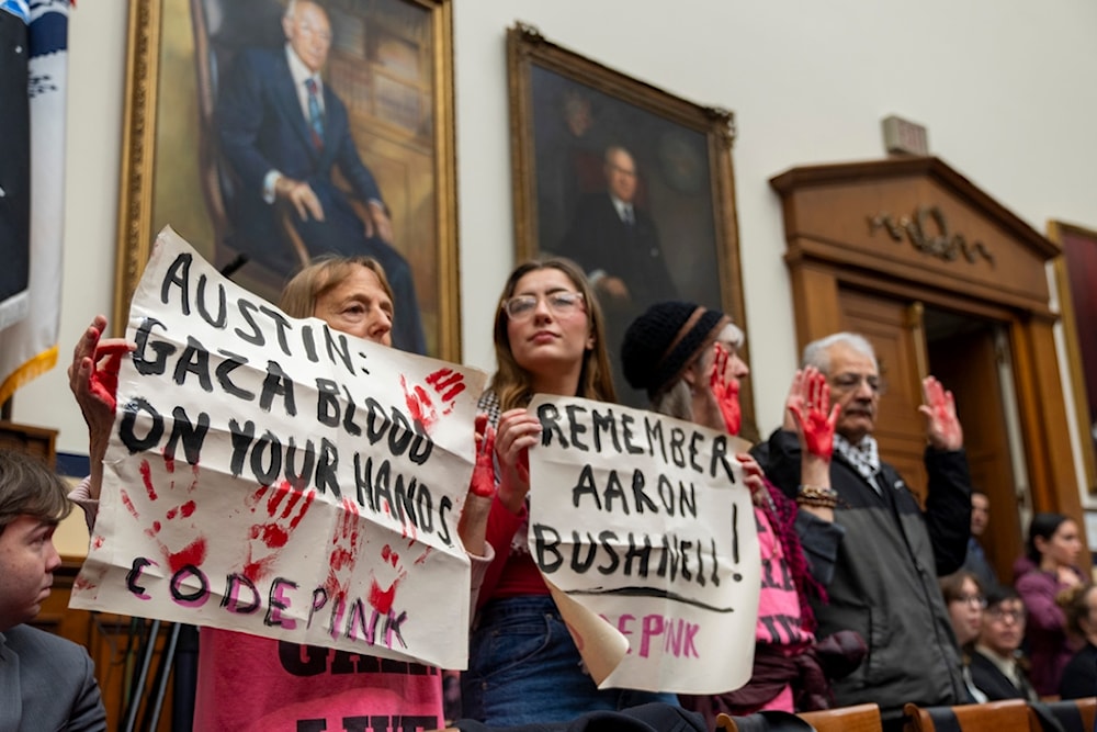 Code Pink protesters protesting events in Gaza ahead of the arrival of Secretary of Defense Lloyd Austin at the House Armed Services Committee, Thursday, Feb. 29, 2024, on Capitol Hill in Washington.(AP)