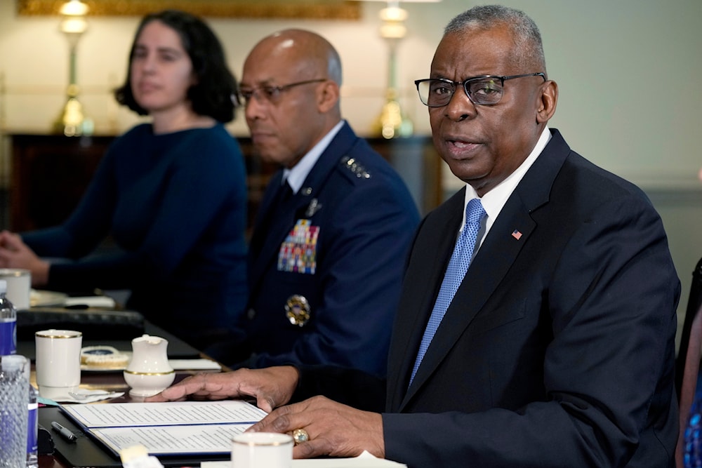 Defense Secretary Lloyd Austin, right, speaks during a meeting with NATO Secretary General Jens Stoltenberg, not pictured, at the Pentagon in Washington, Monday, Jan. 29, 2024. (AP)