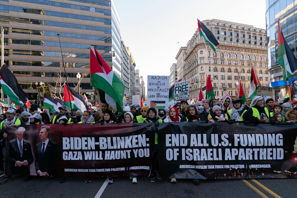 Demonstrators rally during the March on Washington for Gaza at Freedom Plaza in Washington, Saturday, Jan. 13, 2024(AP)
