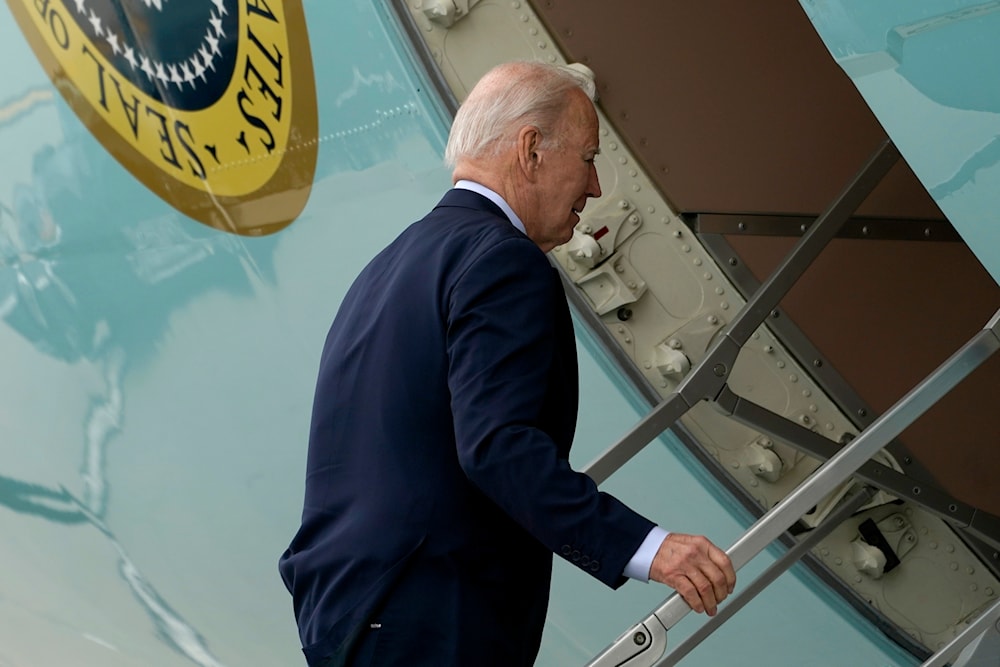 US President Joe Biden boards Air Force One at Los Angeles International Airport in Los Angeles, February 4, 2024, en route to Las Vegas to participate in campaign events (AP)