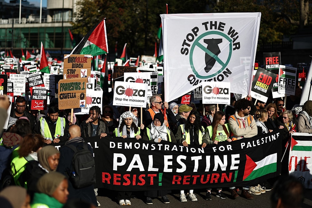 Pro-Palestinian, anti-Israel protesters gather with placards and flags at a 'National March For Palestine' in London on November 11, 2023 (AFP)