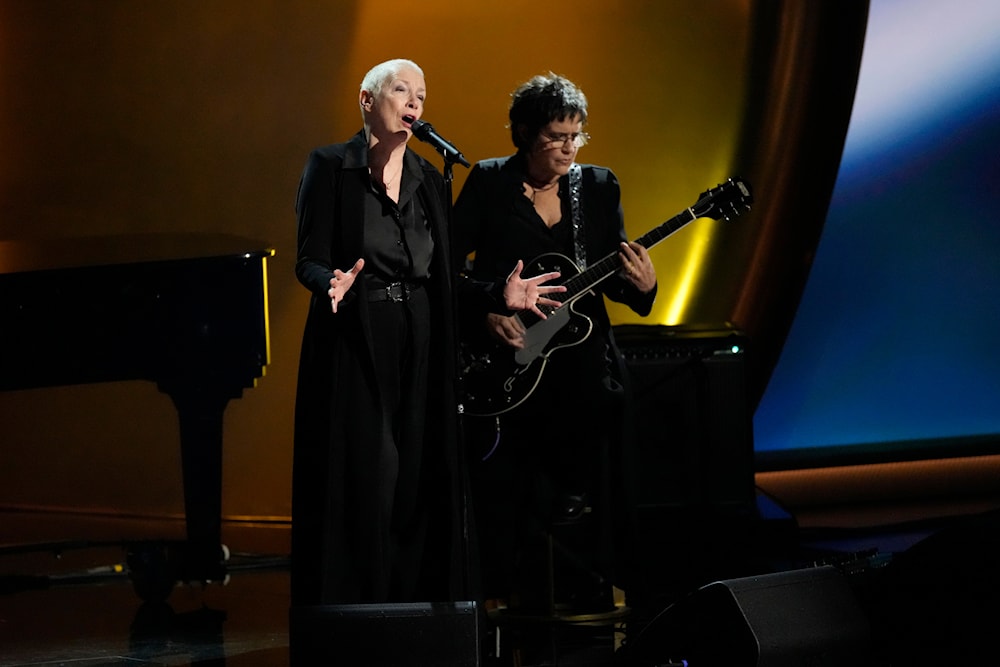 Annie Lennox pays tribute to Sinead O'Connor during the 66th annual Grammy Awards on Feb. 4, 2024, in Los Angeles. (AP)
