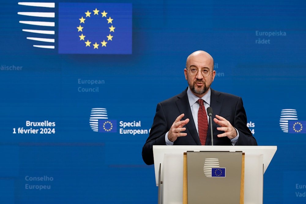 European Council President Charles Michel talks to journalists in Brussels, Thursday, Feb. 1, 2024. (AP)