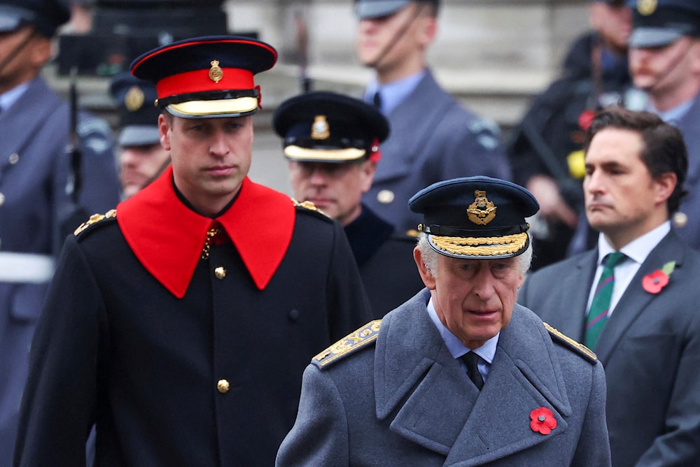 Britain's King Charles III, right, and Prince William attend the annual Remembrance Sunday ceremony at the Cenotaph in London, Nov. 12, 2023. (AP)