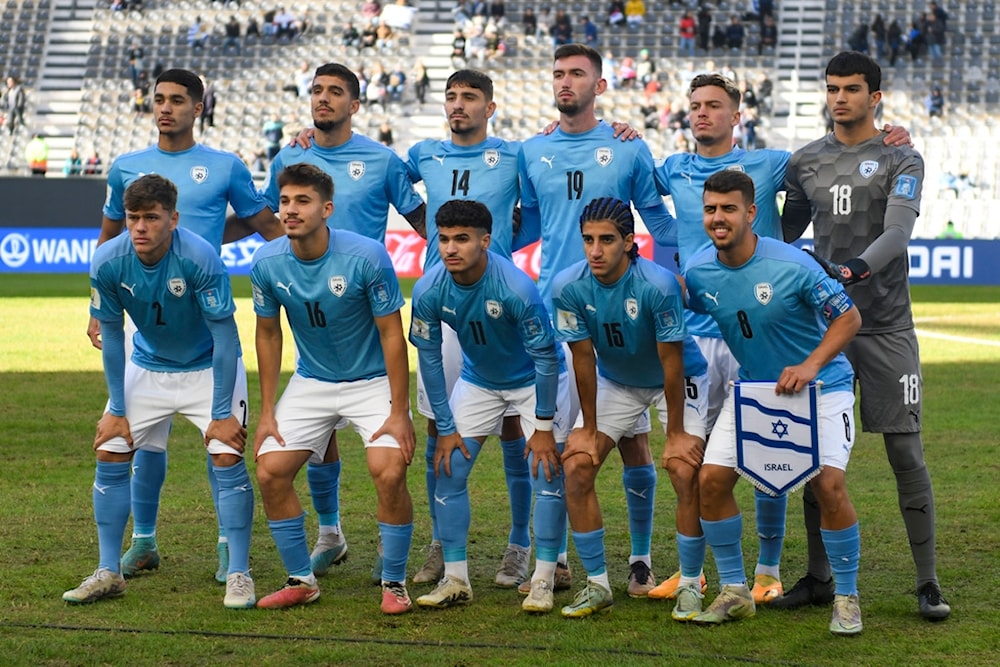 Israeli players pose for a team photo prior to the FIFA U-20 World Cup the third-place soccer match against South Korea at the Diego Maradona stadium in La Plata, Argentina, Sunday, June 11, 2023. (AP)