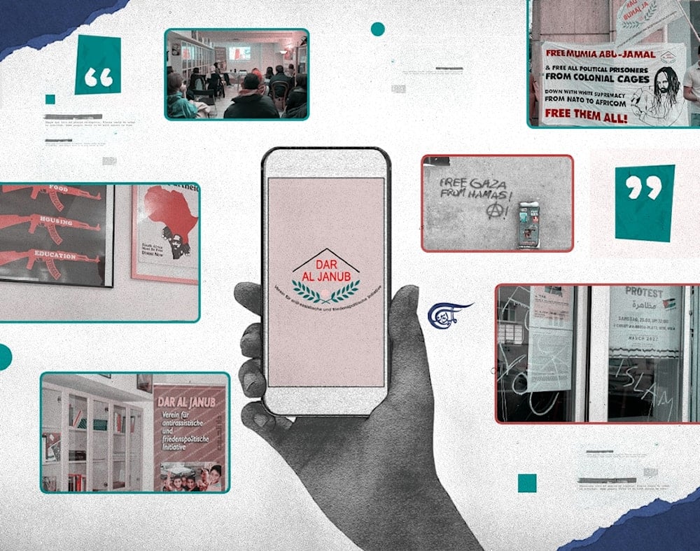 “Many people are afraid” and would reduce their political activism: “They are afraid of losing their jobs.” Austria is an “extremely Zionist country,” (Al Mayadeen English; Illustrated by Arwa Makki)