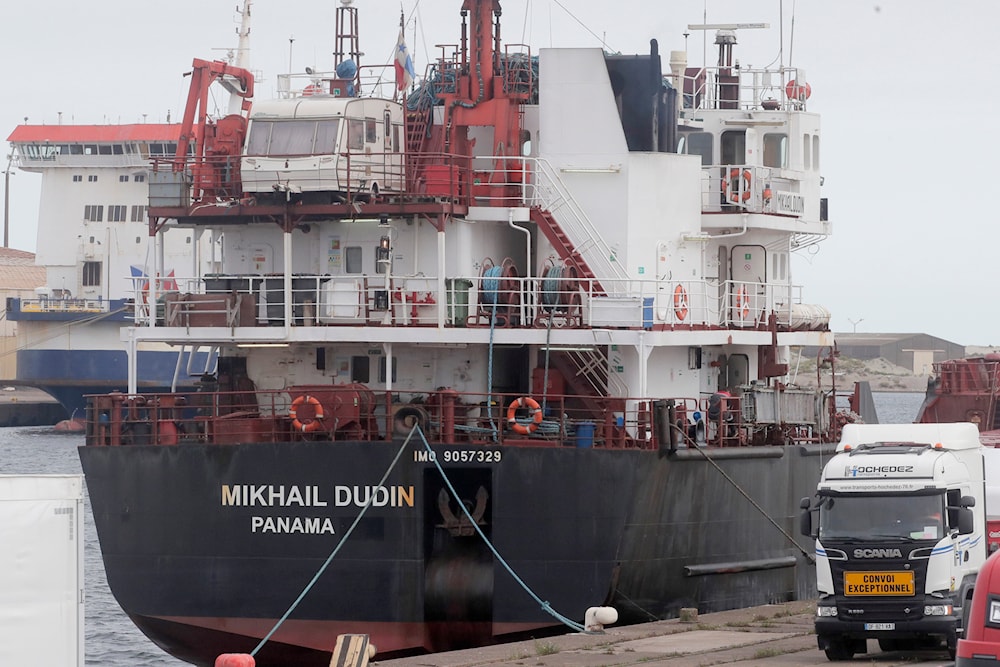 The Russian ship Mikhail Dudin docks at the port of Dunkirk, northern France, Tuesday, Sept.13, 2022(AP)