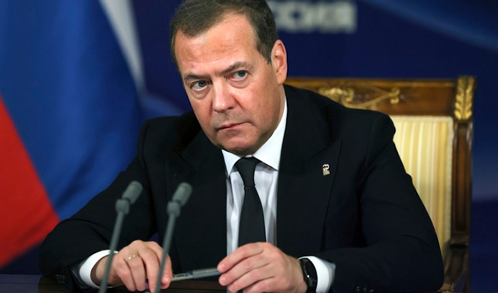 Russian Security Council Deputy Chairman and the United Russia party chief Dmitry Medvedev during a meeting at the Gorki residence, outside Moscow, Russia, Nov. 14, 2023. (Sputnik Pool Photo via AP)