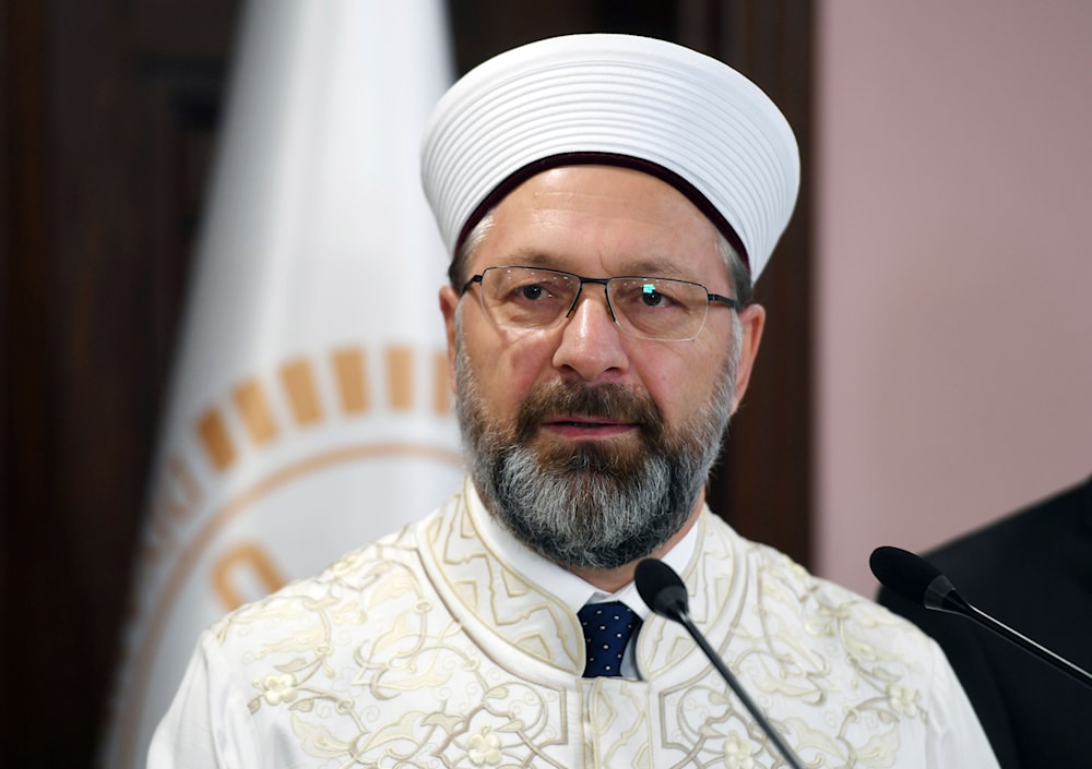 Ali Erbas, the head of Turkey's highest religious authority, speaks to the media in Ankara, Turkey, Monday, March 16, 2020.(AP)