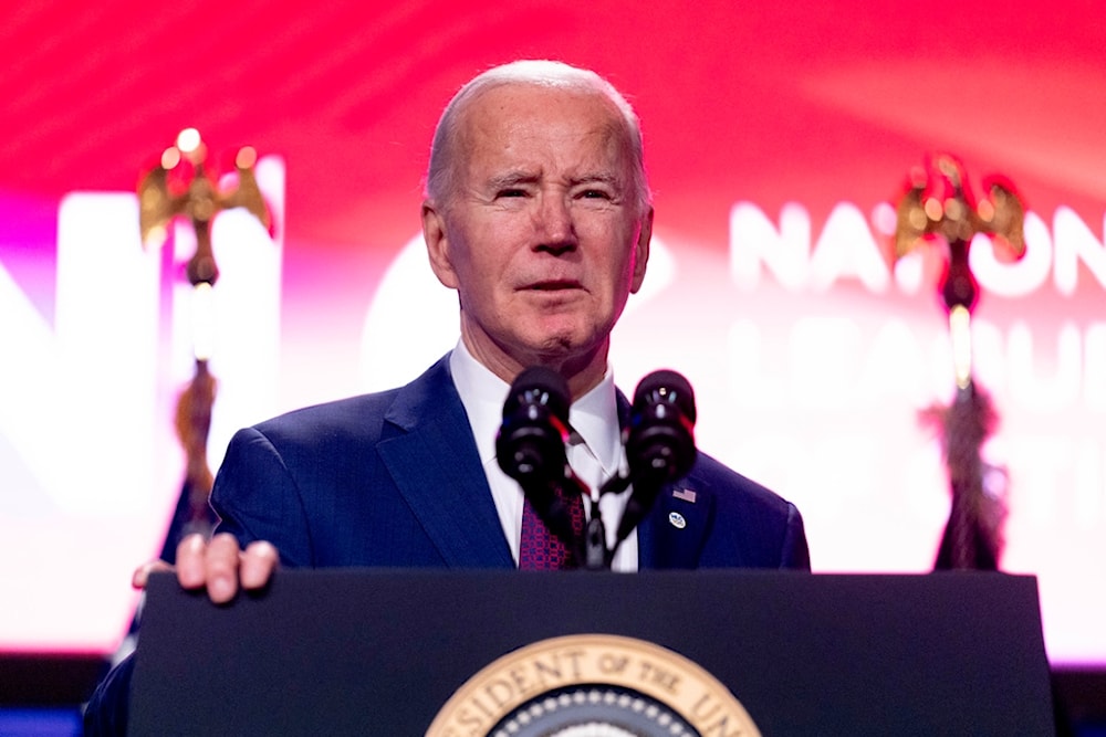 President Joe Biden speaks at the National League of Cities conference at the Marriott Marquis, Monday, March 11, 2024, in Washington. (AP Photo/Andrew Harnik)