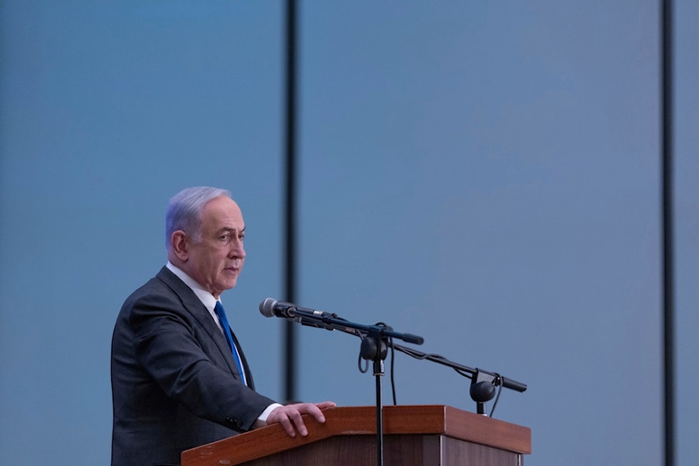 Israeli Prime Minister Benjamin Netanyahu speaks during a gathering of Zionist leaders at the Museum of Tolerance in occupied al-Quds, Sunday, Feb. 18, 2024. (AP Photo/Ohad Zwigenberg)