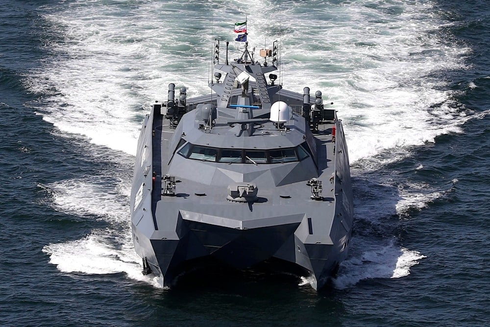 In this photo provided Tuesday, March 12, 2024, by the Iranian Army, a catamaran moves in the Iranian waters before the start of a joint naval drill of Iran, Russia, and China in the Indian Ocean.(AP)