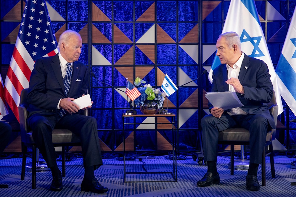 US President Joe Biden, left, meets with Israeli Prime Minister Benjamin Netanyahu, right, to discuss the the Israeli war on Gaza in 'Tel Aviv', occupied Palestine, on Oct. 18, 2023.(AP)