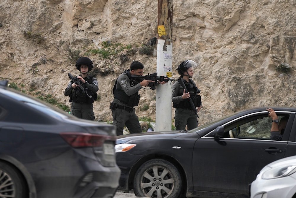 Israeli occupation forces outside the Israeli settlement of 'Maale Adumim', in the West Bank, February 5, 2024 (AP)