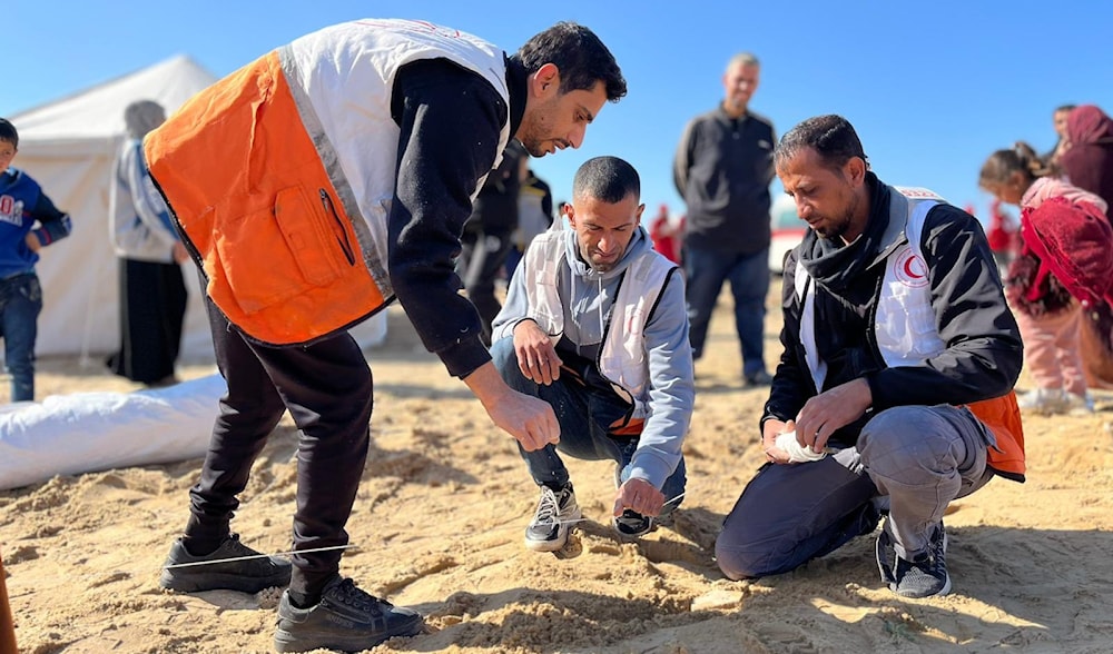 Members of the Palestine Red Crescent Society established several camps to accommodate displaced persons south of the Gaza Strip, occupied Palestine. (Social media)