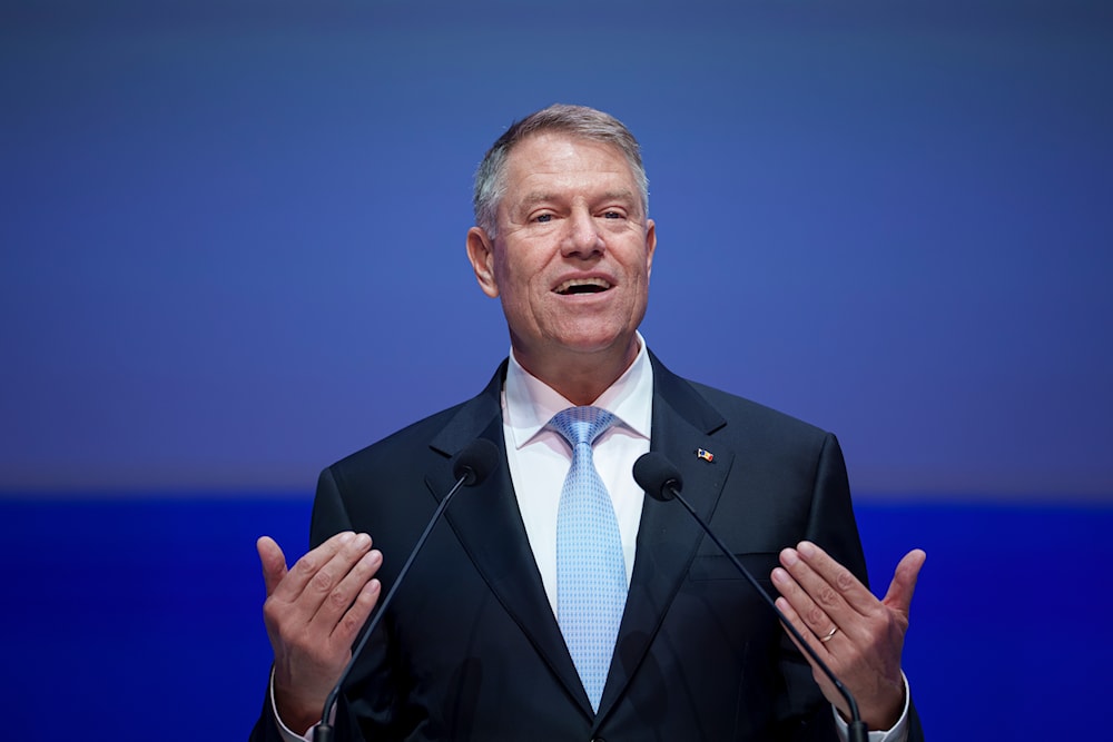 Romanian President Klaus Iohannis speaks at the EPP Congress in Bucharest, Romania, Thursday, March 7, 2024. (AP)