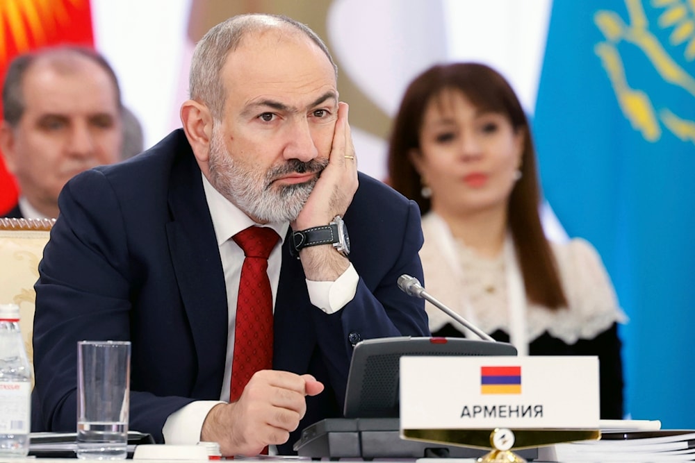Armenian Prime Minister Nikol Pashinyan attends a meeting of the Eurasian Intergovernmental Council of the EAEU countries in an expanded format at the Atakent Business Cooperation Center in Moscow, Russia, Friday, Feb. 2, 2024. (AP)