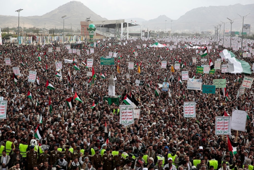 Yemenis attend a rally against US-led aggression on Yemen and the Israeli aggression on the Gaza Strip in Sanaa, Yemen, on Friday, March 1, 2024. (AP)