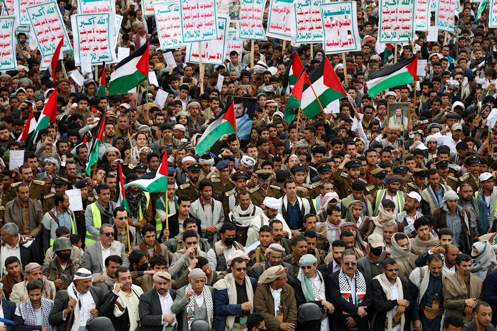 Houthi supporters attend a rally against the U.S.-led airstrikes on Yemen and in support of the Palestinians in the Gaza Strip on Yemen, in Sanaa, Yemen, February 09, 2024. (AP)