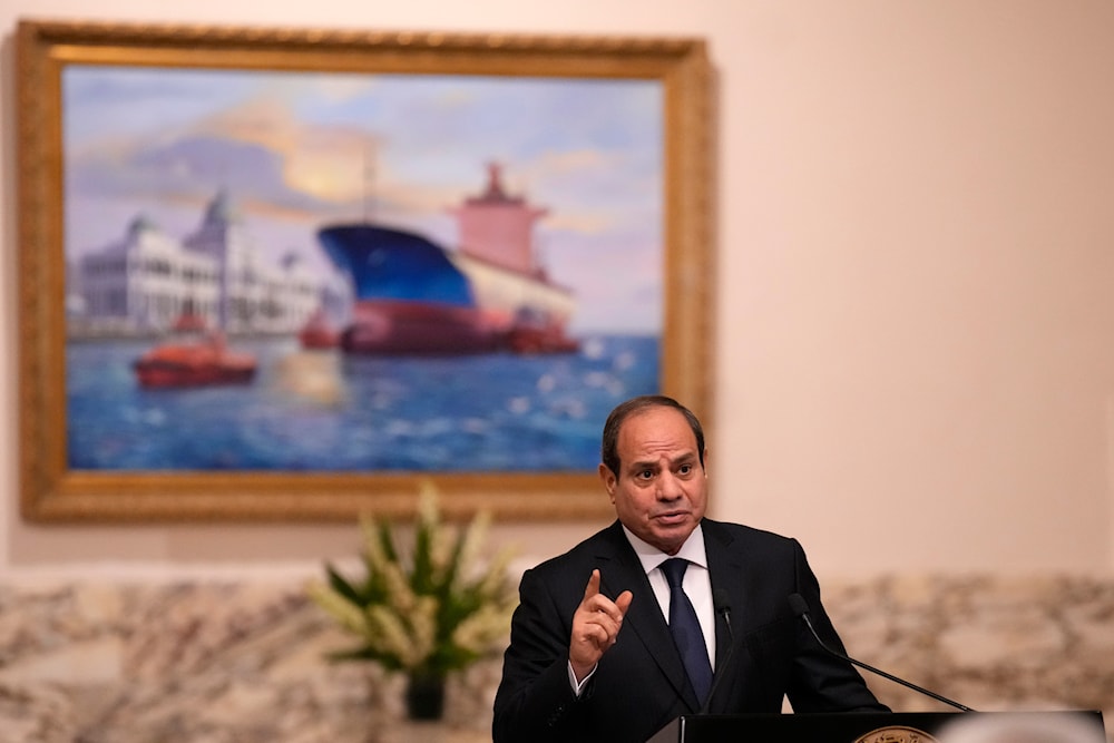 Egyptian President Abdel Fattah el-Sisi makes a point during a joint press conference with French President Emmanuel Macron in Cairo, Egypt, Wednesday, Oct. 25, 2023.(AP)