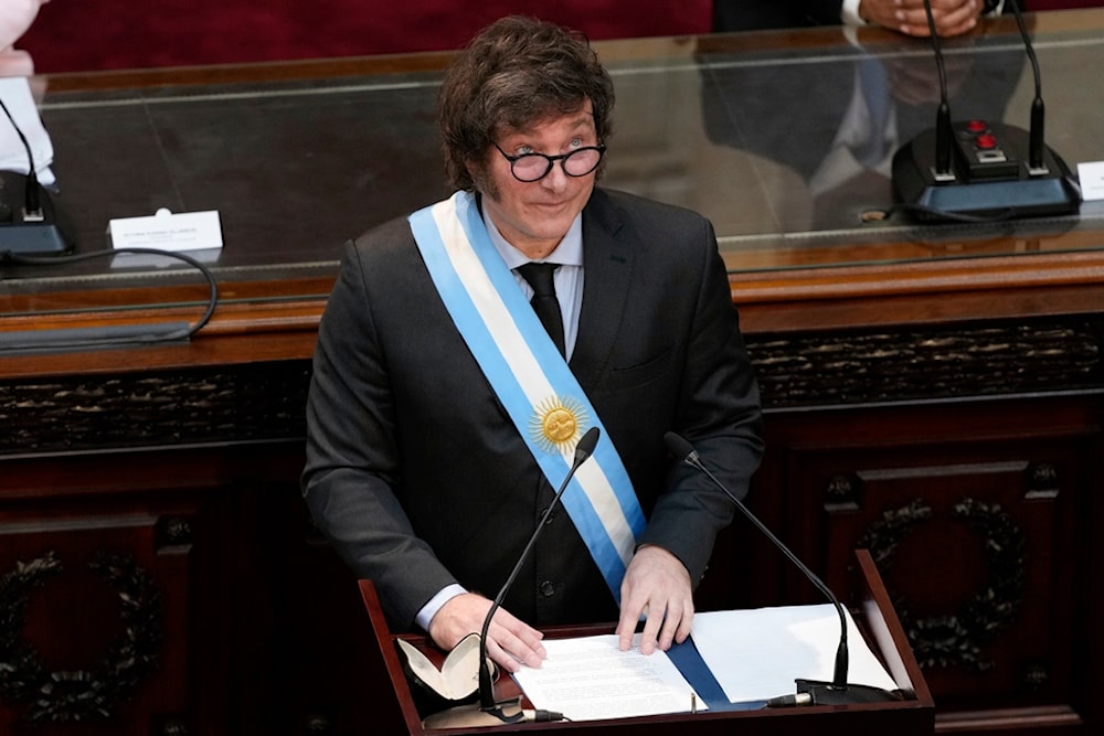 President Javier Milei addresses lawmakers during the opening legislative session in Buenos Aires, Argentina, Friday, March 1, 2024. (AP)