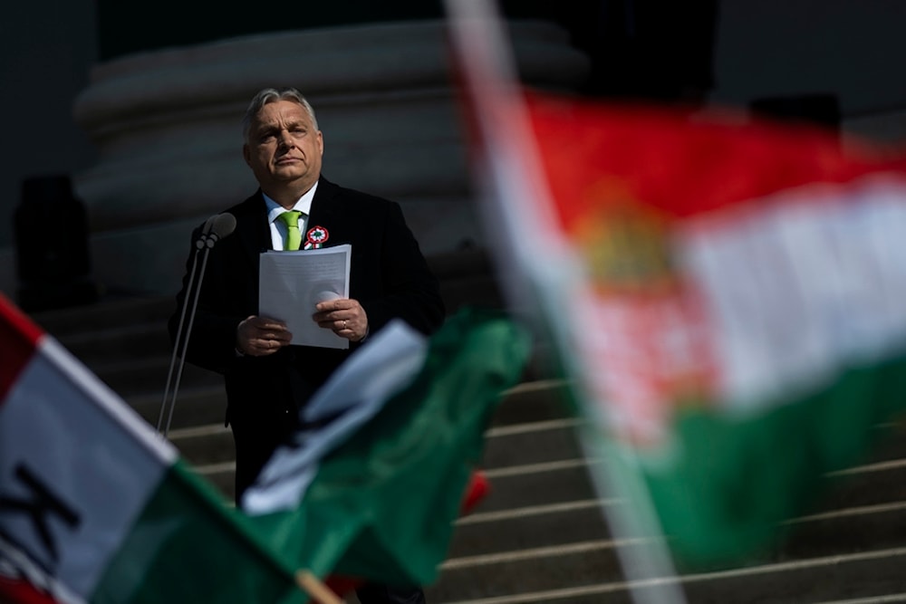 Hungarian Prime Minister Viktor Orban gives a speech on the steps of the National Museum in Budapest, Hungary, on Friday, March 15, 2024. (AP)