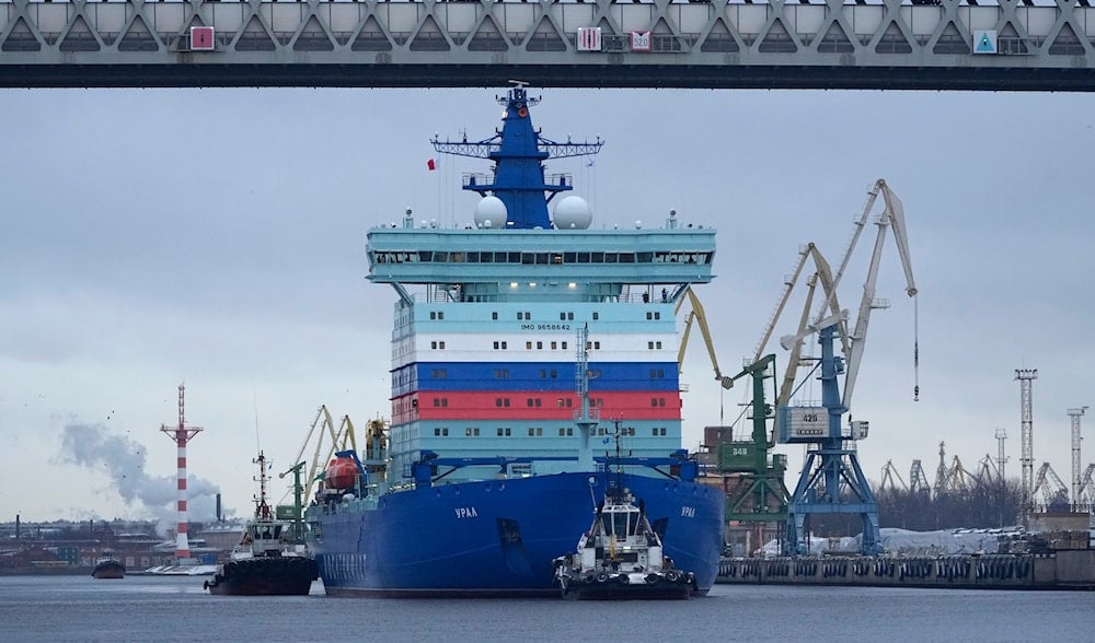 Newly built nuclear-powered icebreaker Ural, third of five icebreakers of Project 22220, in St. Petersburg, Russia, Nov. 23, 2022. (AP)