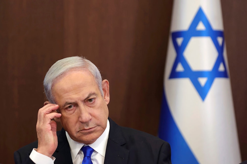 Israeli Prime Minister Benjamin Netanyahu attends the weekly war cabinet meeting in al-Quds on Sunday, June 25, 2023. (AP)