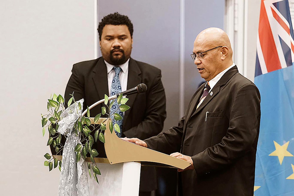 In this photo provided by the Tuvalu government, the newly elected Prime Minister, Feleti Teo, right, is sworn into office during a ceremony in Funafuti, Tuvalu, Wednesday, Feb. 28, 2024. (AP)