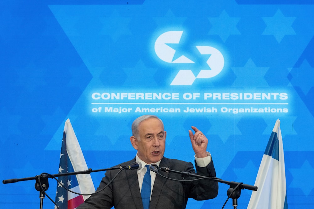 Israeli Prime Minister Benjamin Netanyahu speaks during a gathering of Jewish leaders in al-Quds, Sunday, Feb. 18, 2024.(AP)