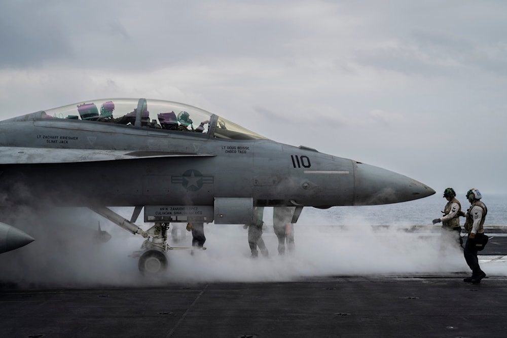 F/A-18F Super Hornet fighter jet takes off from the aircraft carrier U.S.S. Dwight D. Eisenhower, also known as the 'IKE', in the south Red Sea, Tuesday, Feb. 13, 2024. (AP Photo/Bernat Armangue)