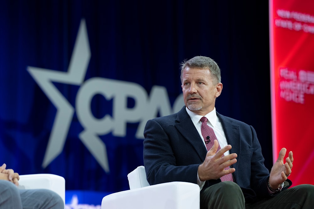 Erik Prince, founder of the private security firm Blackwater, speaks at the Conservative Political Action Conference, CPAC 2023, March 4, 2023, at National Harbor in Oxon Hill, Maryland (AP)