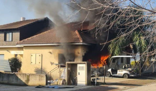 Image shows a burning house in northern occupied Palestine after it was targeted by Hezbollah as Israeli occupation soldiers sheltered in it on February 22, 2024. (Social media)