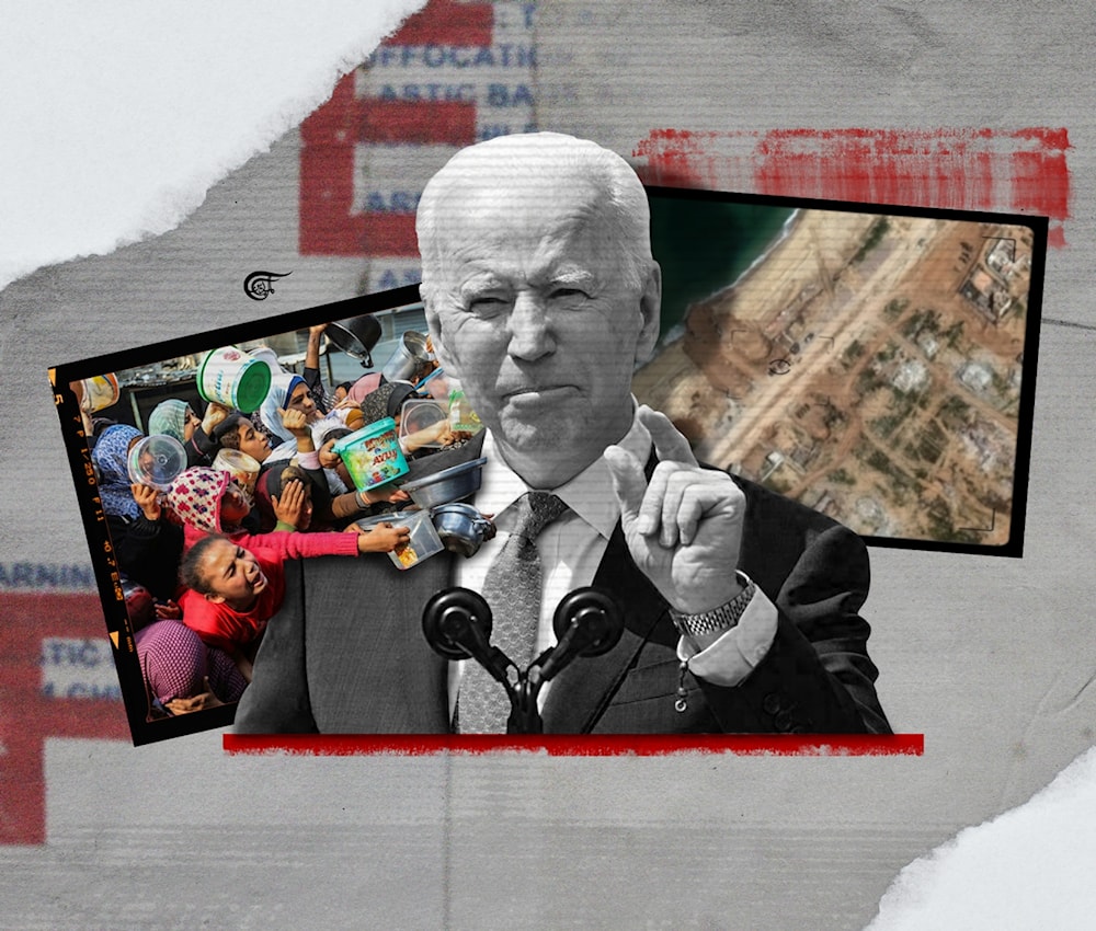 Biden's decision to construct a floating pier in Gaza could be interpreted as essentially waving a white flag to Benjamin Netanyahu and his lobby in Washington. (Al Mayadeen English; Illustrated by Zeinab El-Hajj)